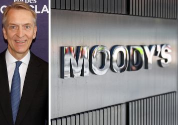Brookfield's Bruce Flatt and Moody's logo outside 7 World Trade Center.