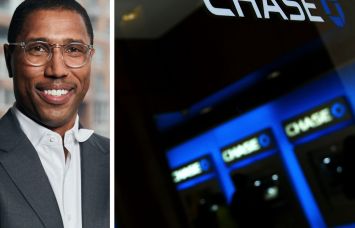 Chad Tredway, JPMorgan global head of real estate, and a bank of Chase Bank ATMs.