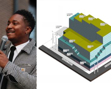 City Councilmember Chi Osse and a rendering of a proposed development at 1720 Atlantic Avenue, Brooklyn.