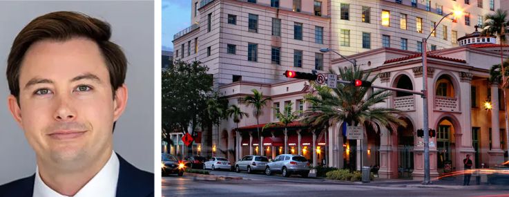 CBRE's Christian Lee (top) and Sean Kelly (bottom) and Ryder Colonnade in Coral Gables, Fla.