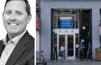 JLL's Christopher Roeder and a sign advertises office space on a building in San Francisco's Financial District.
