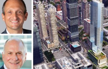 Affinius Capital's David Greenburg (top), Kennedy Wilson’s Thomas Whitesell (bottom), and a rendering of Harborside 8 planned for Jersey City, N.J.