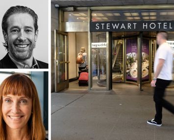 Slate Property Group's David Schwartz (top), Breaking Ground's Brenda Rosen (bottom) and the Stewart Hotel.
