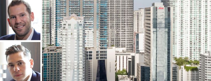 Oak Row Equities' David Weitz (top) and Erik Rutter (center), Tyko Capital's Adi Chugh (bottom) and 1001 and 1111 Brickell Bay Drive.