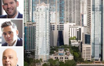 Oak Row Equities' David Weitz (top) and Erik Rutter (center), Tyko Capital's Adi Chugh (bottom) and 1001 and 1111 Brickell Bay Drive.
