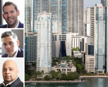 Oak Row Equities' David Weitz (top) and Erik Rutter (center), Tyko Capital's Adi Chugh (bottom) and 1001 and 1111 Brickell Bay Drive.