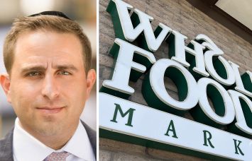 RIPCO Real Estate's Evan Schuckman and a Whole Foods Market sign at a store.