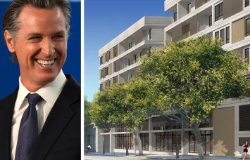California Gov. Gavin Newsom and a rendering of 1318 Fourth Street, Santa Monica, Calif.