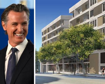 California Gov. Gavin Newsom and a rendering of 1318 Fourth Street, Santa Monica, Calif.
