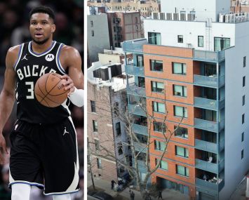 Giannis Antetokounmpo of the Milwaukee Bucks and The Lawrence at 510 Parkside Avenue and 111 Clarkson Avenue, Brooklyn.