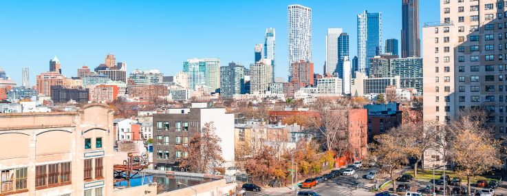 Aerial view of downtown Brooklyn and Manhattan seen from a rooftop in Gowanus.