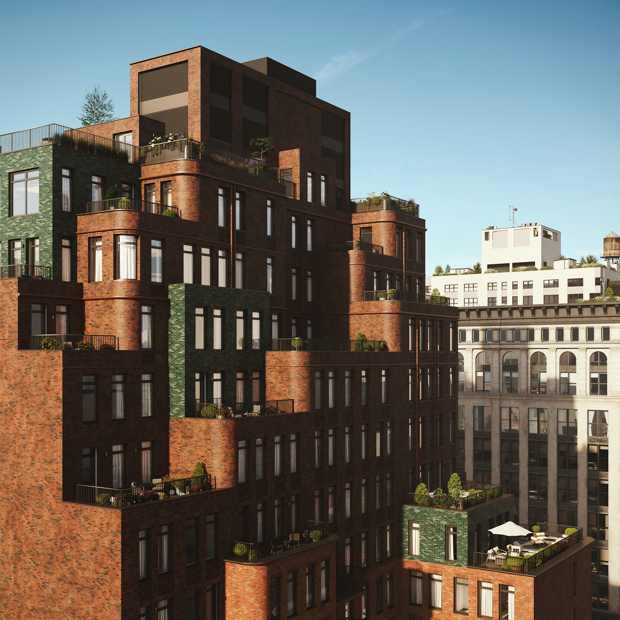 Curved bay windows, European appliances and furnishings, and terra cotta exteriors define the new Village West condominium building.