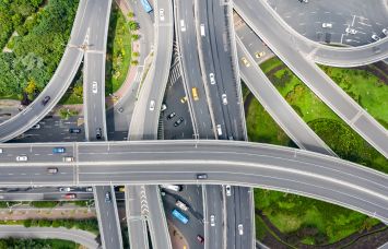 Aerial view of a massive highway intersection.
