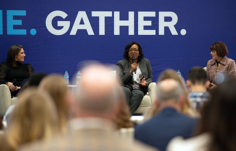 Angele Robinson-Gaylord (center) of Starbucks speaks on a panel at ICSC with Cassie Durand (left) of CBRE and Barrie Scardina (right) of Cushman & Wakefield on Dec. 10.