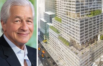 JPMorgan CEO Jamie Dimon and a rendering of 390 Madison Avenue.