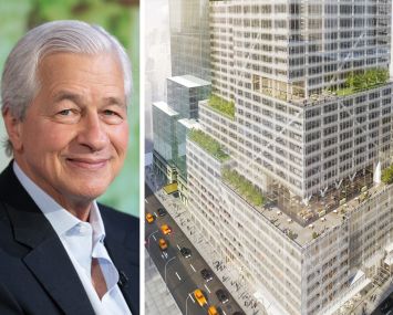 JPMorgan CEO Jamie Dimon and a rendering of 390 Madison Avenue.