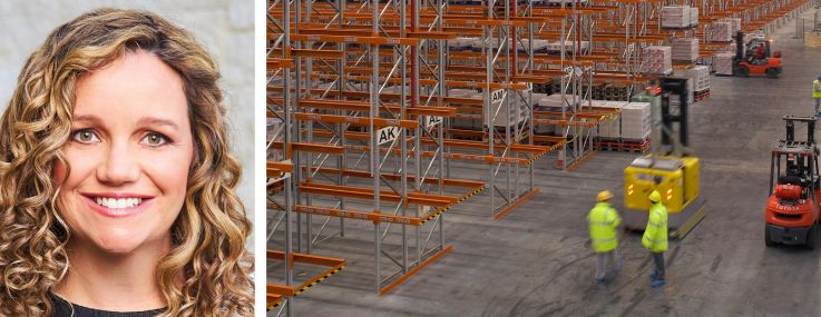 Jeffrey Hines (top) and Laura Hines Pierce (bottom) of Hines, and workers inside of a warehouse.