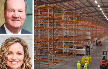 Jeffrey Hines (top) and Laura Hines Pierce (bottom) of Hines, and workers inside of a warehouse.