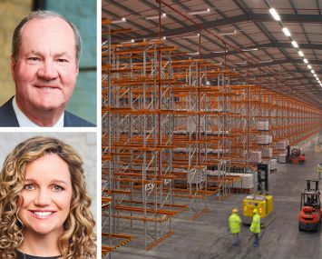 Jeffrey Hines (top) and Laura Hines Pierce (bottom) of Hines, and workers inside of a warehouse.