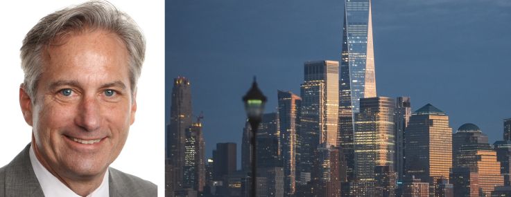 JLL's John Wheeler and the skyline of downtown Manhattan.