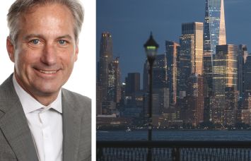 JLL's John Wheeler and the skyline of downtown Manhattan.