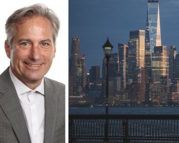 JLL's John Wheeler and the skyline of downtown Manhattan.