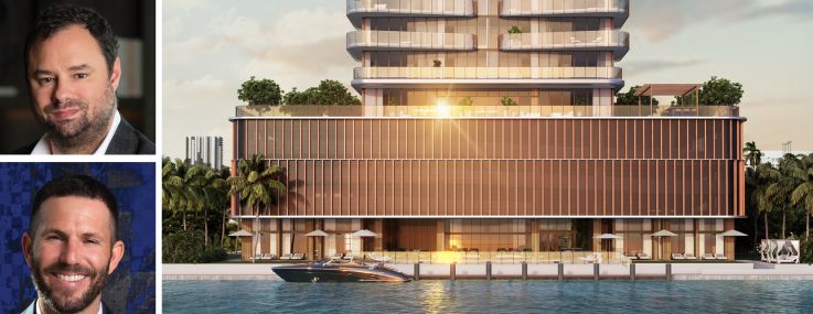 PMG's Kevin Maloney (top), Dan Kaplan (center) and Ryan Shear (bottom), and a rendering of Sage Intracoastal Residences planned in Fort Lauderdale, Fla.