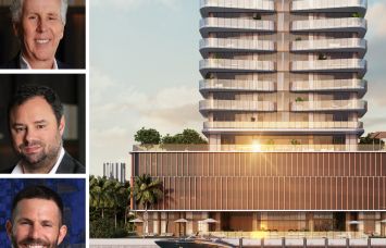 PMG's Kevin Maloney (top), Dan Kaplan (center) and Ryan Shear (bottom), and a rendering of Sage Intracoastal Residences planned in Fort Lauderdale, Fla.
