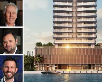 PMG's Kevin Maloney (top), Dan Kaplan (center) and Ryan Shear (bottom), and a rendering of Sage Intracoastal Residences planned in Fort Lauderdale, Fla.