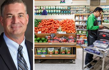 Publix CEO Kevin Murphy and a Publix employee stocking produce in one of the company's supermarkets.
