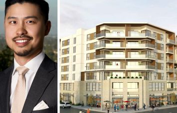 Kevin Wong of Quantum Capital Partners and a rendering of the Prospect Villa development in Rosemead, Calif.