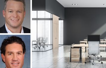 CBRE's Michael Walker (top) and Brad Zampa (bottom) and an office interior.
