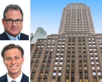JLL's Mitch Konsker (top) and Benjamin Bass (bottom) and 444 Madison Avenue.