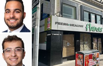 Meridian Capital Group's Noam Aziz (top) and Carson Shahrabani (bottom), and 27 Whitehall Street.