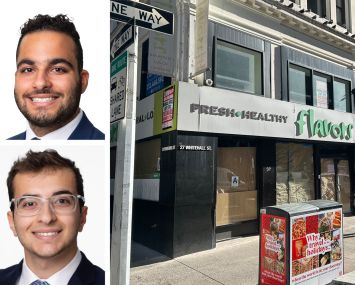 Meridian Capital Group's Noam Aziz (top) and Carson Shahrabani (bottom), and 27 Whitehall Street.