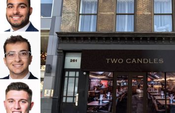 Meridian Capital's Noam Aziz (from top), Carson Shahrabani, and Garret Kelly, and 261 Bowery.