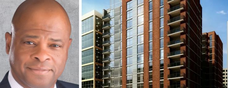 Affordable Homes & Communities CEO Paul Bernard and a rendering of The Premier in Silver Spring, Md.