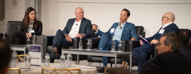 Starwood Property's Jeff DiModica (second from right) speaks on a panel at NYU SPS Schack Institute of Real Estate’s 58th Annual Conference on Capital with Goldman Sachs' Miriam Wheeler (from left), Ares Real Estate's Bryan Donohoe and Deutsche Bank's Dino Paparelli.