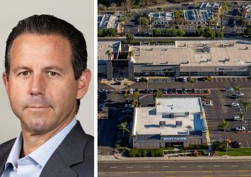 Brixton Capital's Rob Taylor and an aerial view of Pavilion Shopping Center in Vista, Calif.