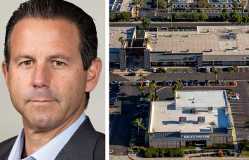 Brixton Capital's Rob Taylor and an aerial view of Pavilion Shopping Center in Vista, Calif.