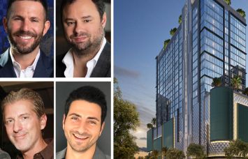 PMG's Ryan Shear (top left) and Dan Kaplan (top right), Lion Development Group's Michael Simkins (bottom left), LNDMRK Development's Alexander Karakhanian (bottom right), and a rendering of One West Twelve Residences in Miami.