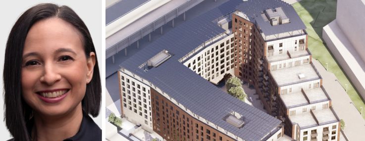 Sara Levenson, managing director at L+M Development Partners, and a rendering of Arverne East Building D in Queens.