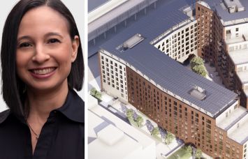 Sara Levenson, managing director at L+M Development Partners, and a rendering of Arverne East Building D in Queens.