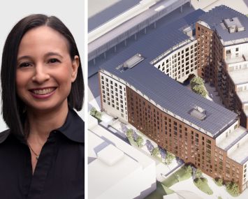 Sara Levenson, managing director at L+M Development Partners, and a rendering of Arverne East Building D in Queens.