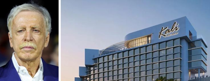 Stan Kroenke and a rendering of the Kali Hotel at Hollywood Park in Inglewood, Calif.