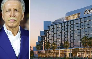 Stan Kroenke and a rendering of the Kali Hotel at Hollywood Park in Inglewood, Calif.