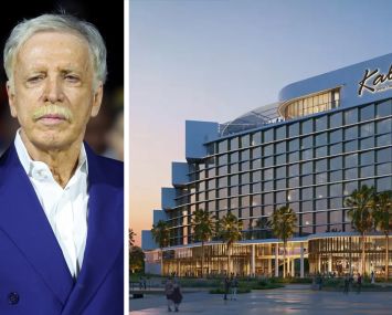 Stan Kroenke and a rendering of the Kali Hotel at Hollywood Park in Inglewood, Calif.