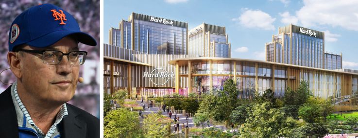 Steve Cohen and a rendering of the proposed Hard Rock casino project.