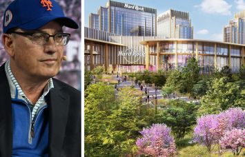 Steve Cohen and a rendering of the proposed Hard Rock casino project.