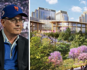 Steve Cohen and a rendering of the proposed Hard Rock casino project.